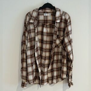 Time & Tru Youth Brown Long Sleeve Plaid Button Up Size Large 12-14